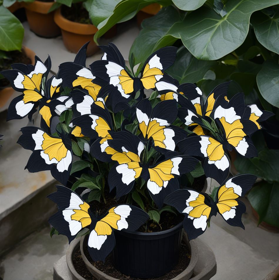 Begonia Moonlight Butterfly with dark leaves and yellow-white butterfly-shaped patterns