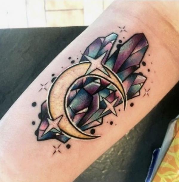 Crescent moon and crystal tattoo