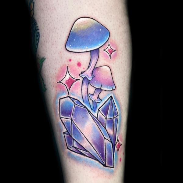 Crystal and mushroom with stars tattoo