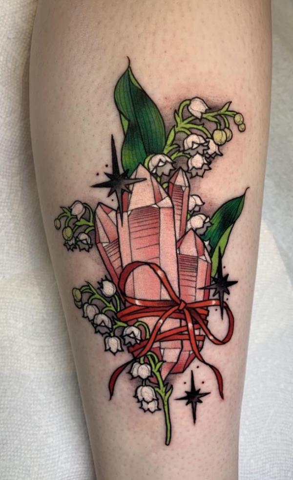 Crystal and white lily of the valley tattoo