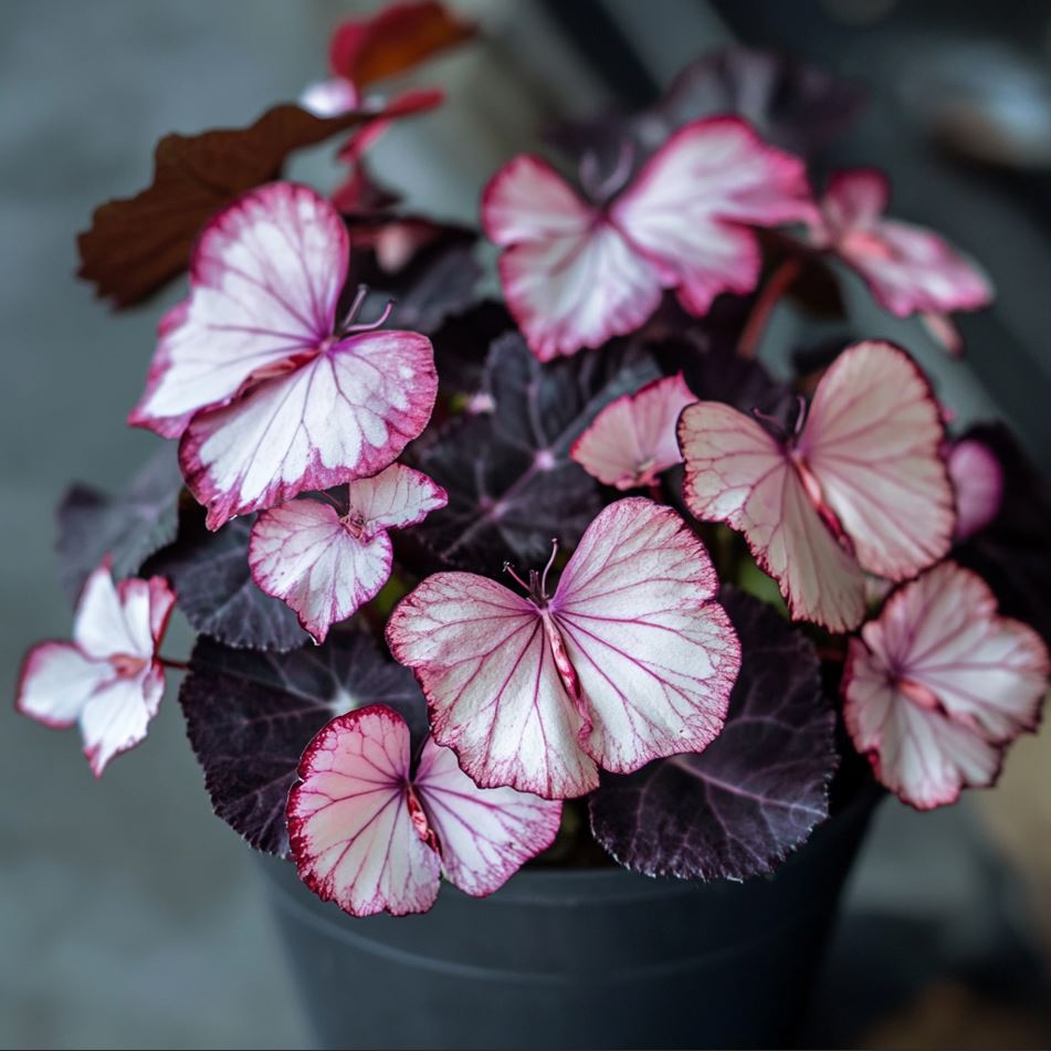 Begonia plant with pink and white butterfly-shaped leaves in a black pot