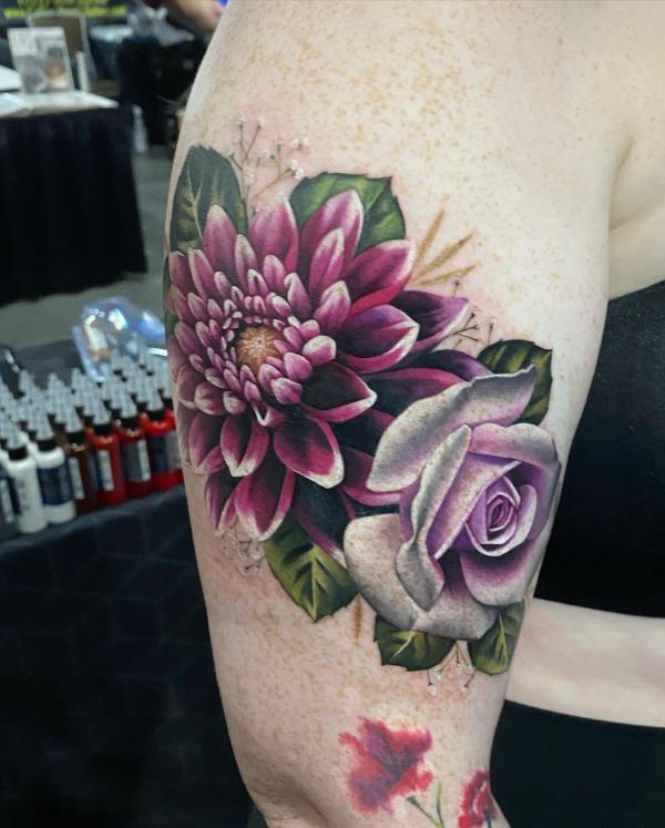 Pink dahlia and white rose tattoo