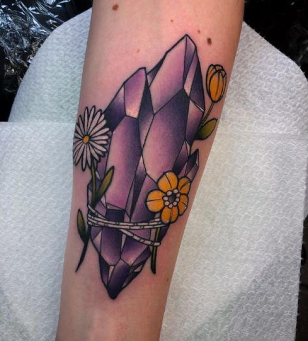 Purple crystal with flowers tattoo