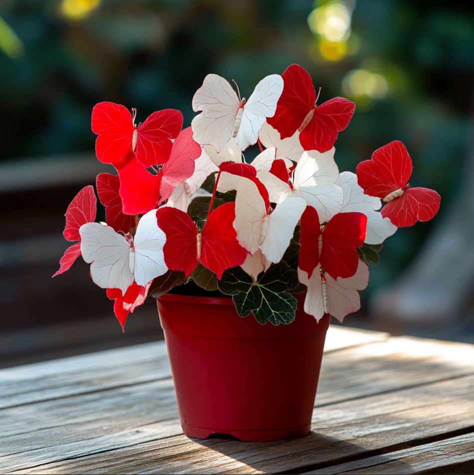 Begonia plant with vibrant red and white butterfly-shaped leaves in a red pot.