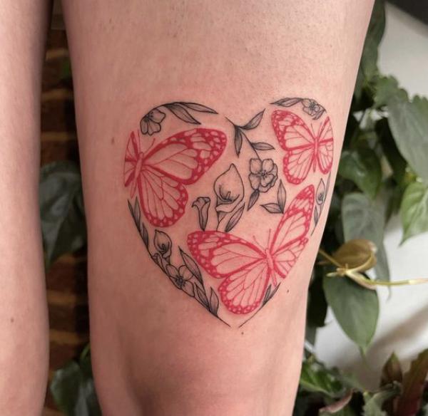 Red butterfly and flowers heart tattoo