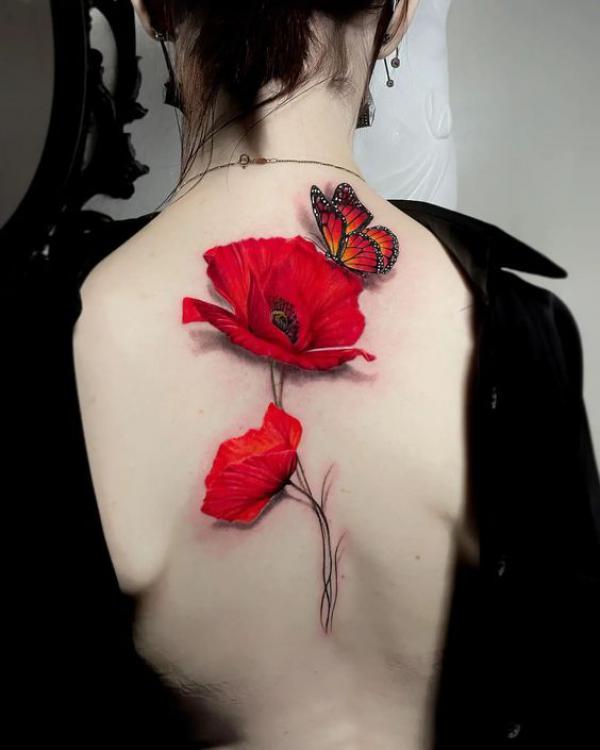 Red butterfly and poppy tattoo