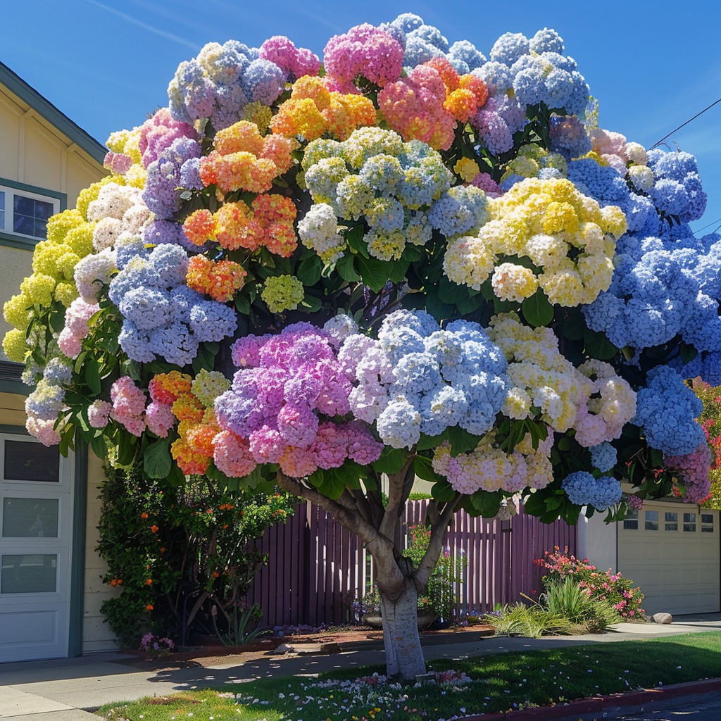 Multi-colored Hydrangea tree in a front yard