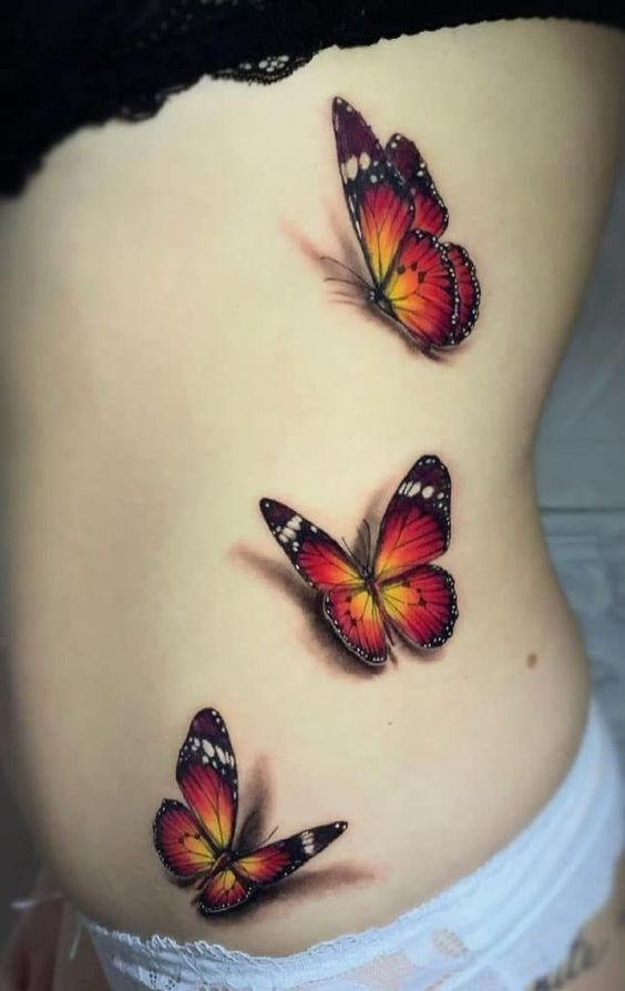 Three 3D butterfly tattoo on side