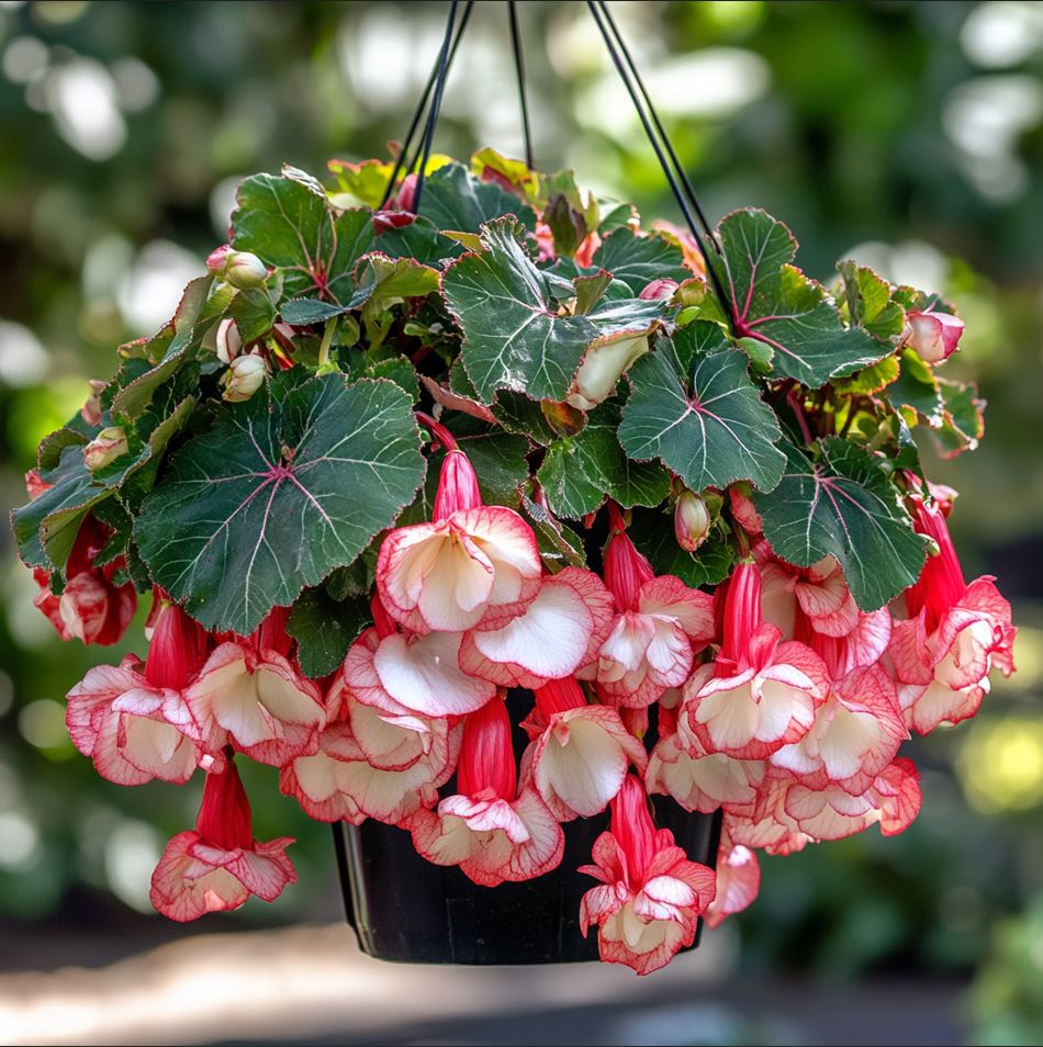 Weeping Begonia with red-edged white flowers in a hanging pot