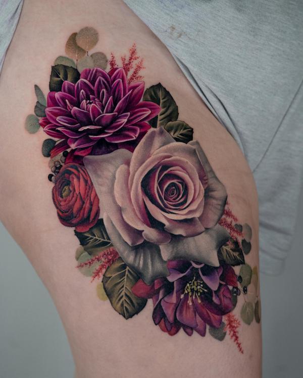 White and pink rose with purple dahlia tattoo