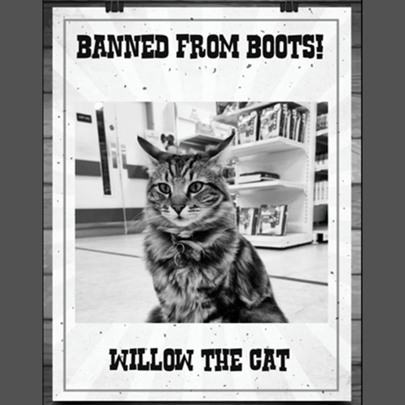 A Wanted Poster featured the kitty banned from the Pharmacy by