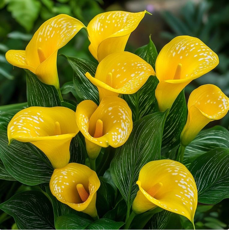 Yellow Calla Lilies with white speckles, vibrant blooms in full display