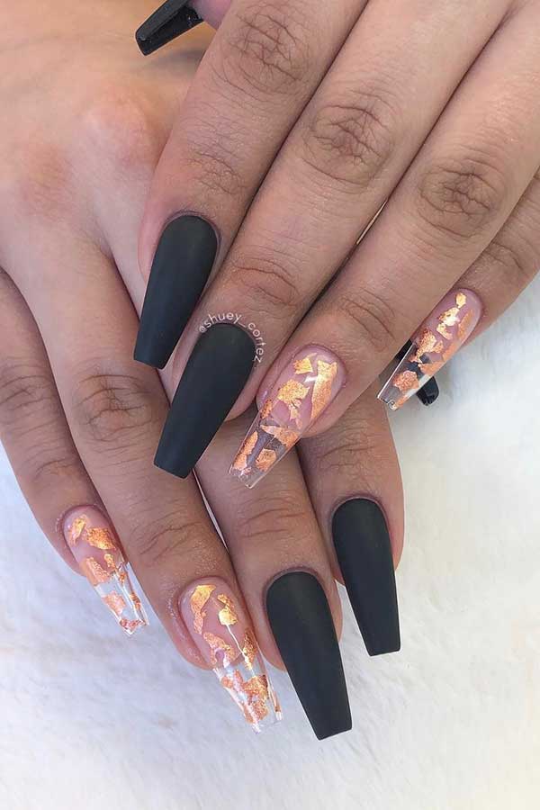 Black Matte Coffin Nails with Gold Foil