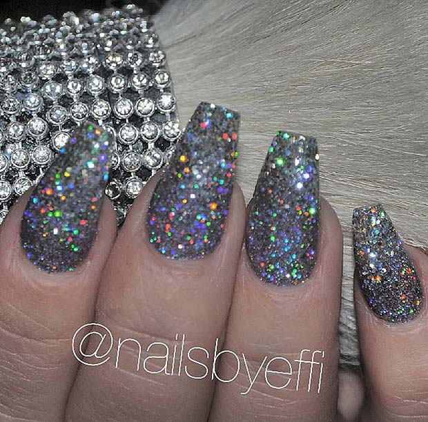 Dark Silver Glitter Nails