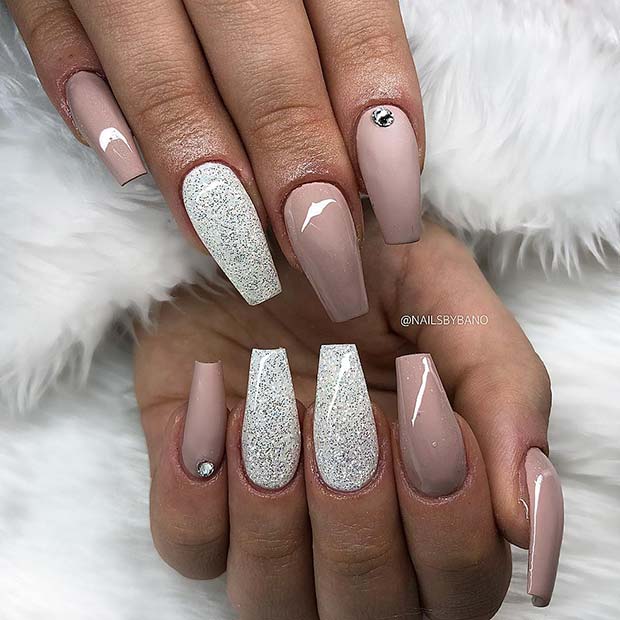 Nude and Silver Glitter Nails