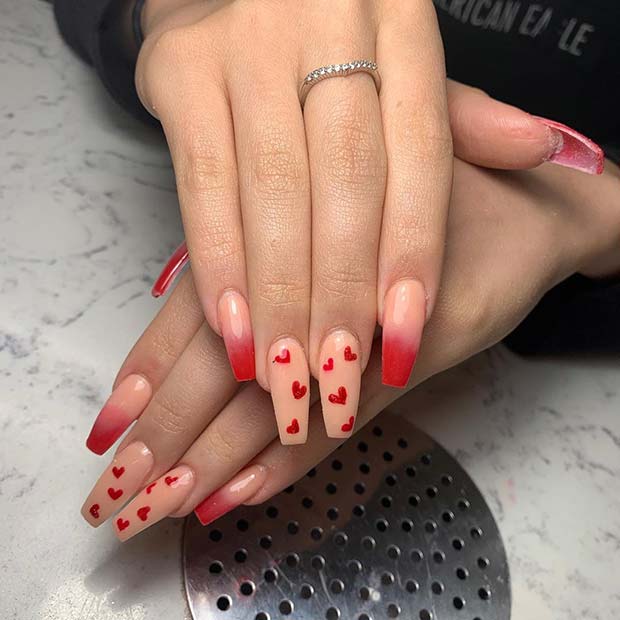 Ombre Nails with Red Hearts