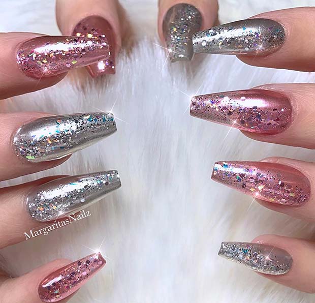 Sparkly Pink and Silver Nails