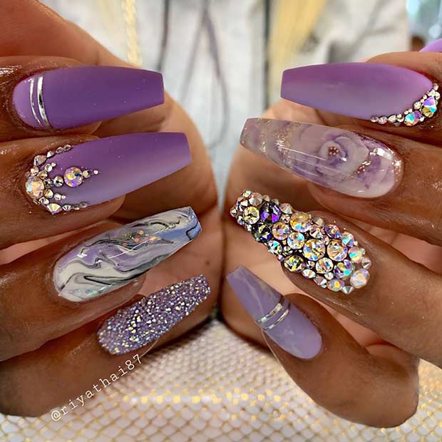 Purple Glitzy Coffin Nail Design